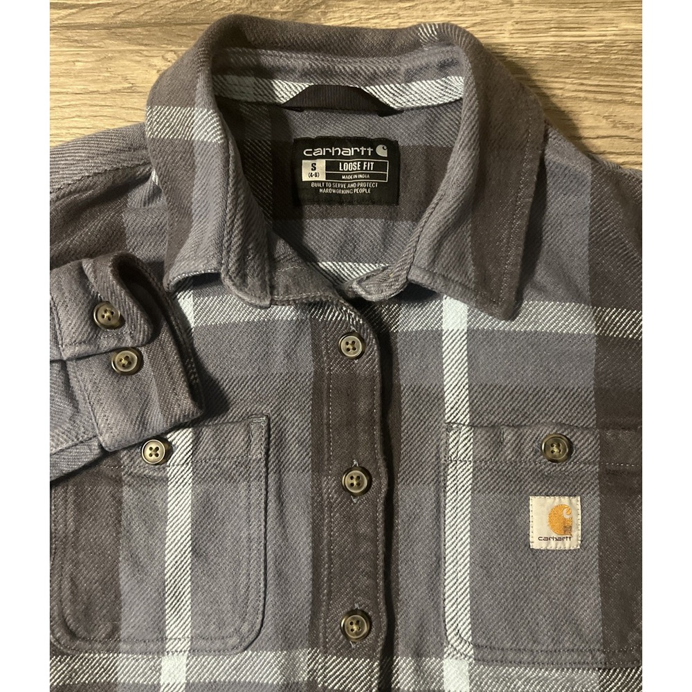 Carhartt 105036 Women's Loose Fit Twill Shirt Jac Blue Plaid Shacket Size Small